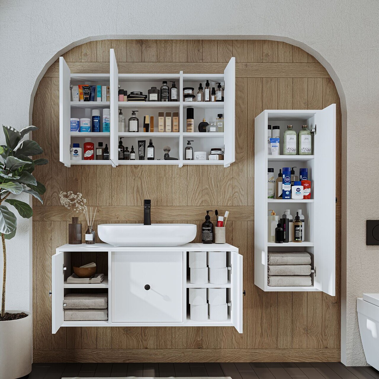 Set Dulap de Baie cu Chiuvetă și Oglindă (3 Piese), Hanah Home, 2569, MDF, Alb — imaginea 4