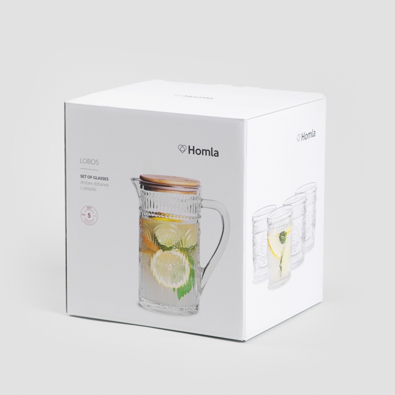 Set carafa si 4 pahare Lobos, Homla, 1 L / 300 ml, sticla/bambus, transparent/natur