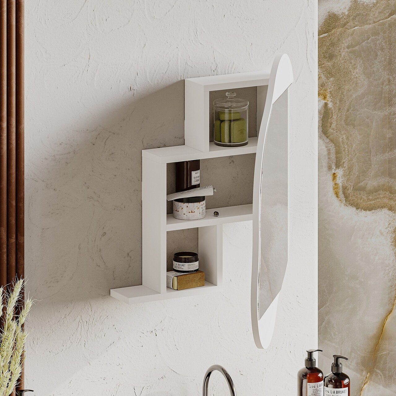 Dulap de baie, Decortie, Cloud Storage Bathroom Wall Mirror, 60x75x13 cm, PAL, Alb - 1 | YEO