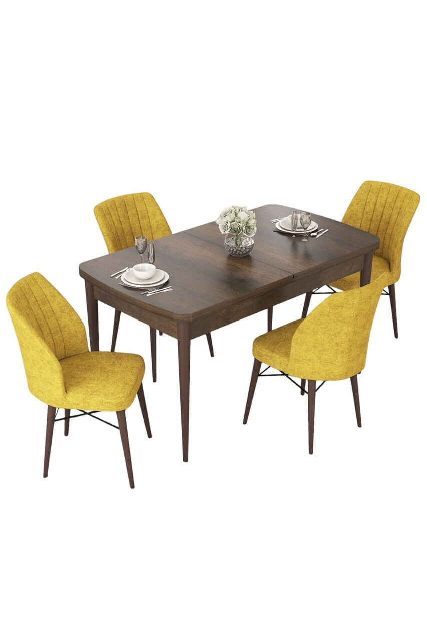 Set masa extensibila si scaune (5 piese), Hanah Home, Nef, Model baroc din lemn / Muștar — imaginea 2
