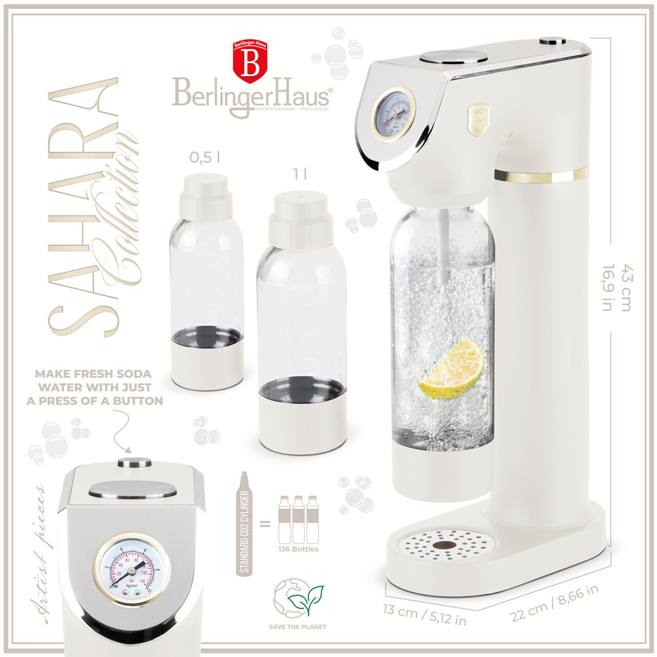 Aparat sifon Berlinger Haus, Sahara, 22x13x43 cm, 0.5L / 1L, inox/polipropilena, crem - view 7