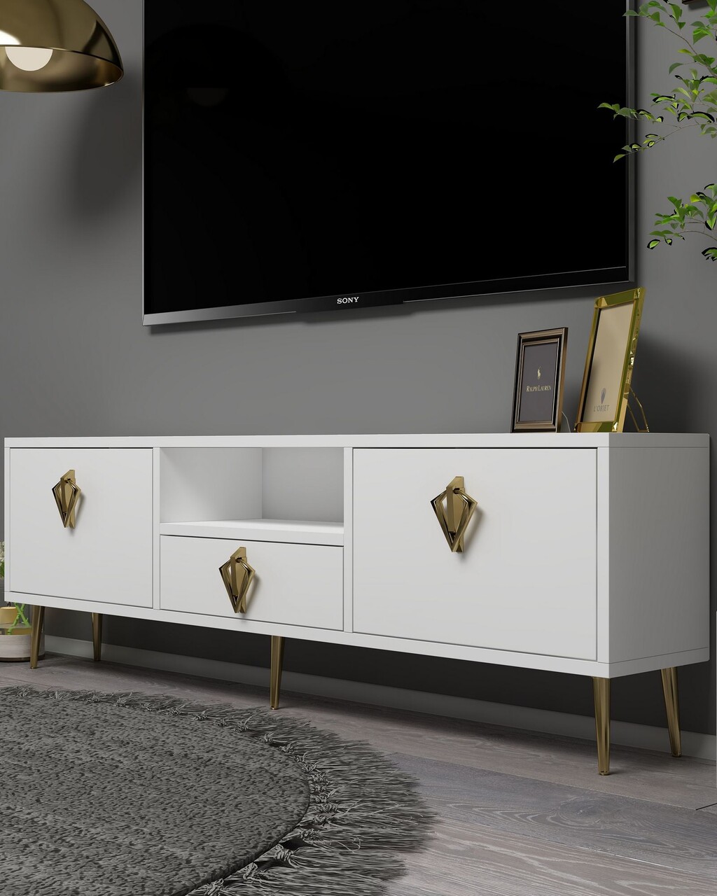 Comoda TV, Hanah Home, 1313-DROP-32, 140x45x30 cm, PAL , Alb/Auriu - view 2