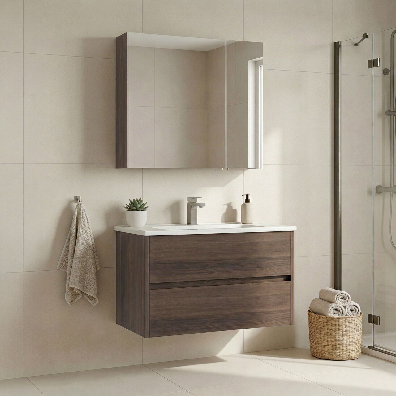 Set Dulap de Baie cu Chiuvetă și Oglindă (2 Piese), Hanah Home, Side 85 v2, Maro — imaginea 2