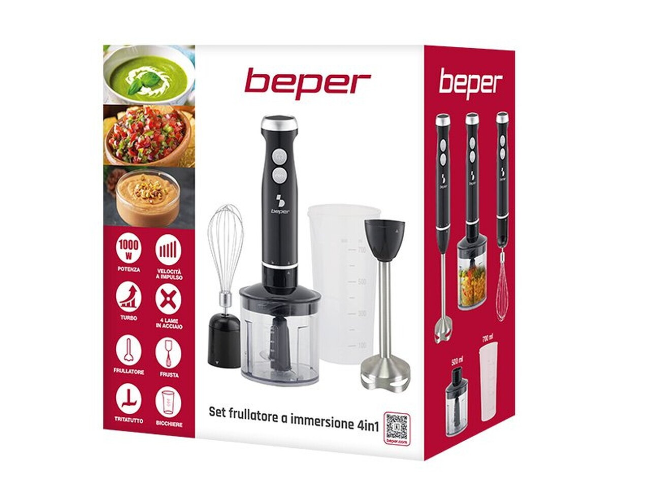 Set blender 4 in 1 Beper, 6.5x38 cm, 700-1000W, 500 ml/700 ml, ABS/inox, negru/transparent - view 10