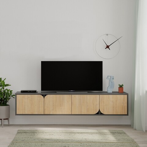 Comoda TV, Decortie, Spark, 180 x 35 x 35.6 cm, pal melaminat, antracit/stejar 180