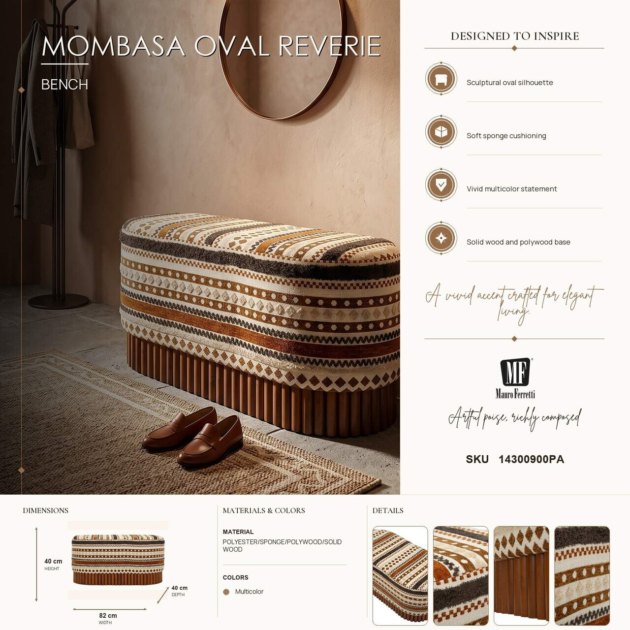 Bancheta, Mauro Ferretti, Ethnic, 82x40x40 cm, poliester/lemn masiv, multicolor — imaginea 10