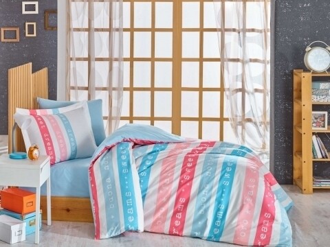 Lenjerie de pat pentru o persoana, 3 piese, 100% bumbac poplin, Hobby, Sweet Dreams, roz/albastru