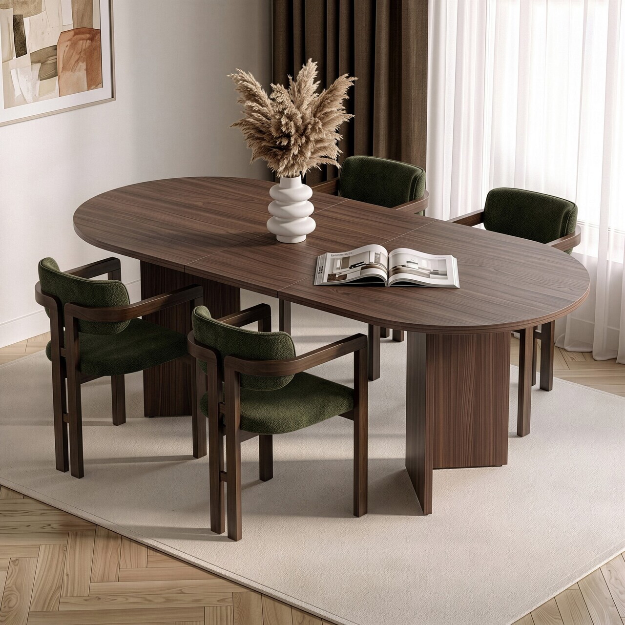 Set masa extensibila si scaune (5 piese), Nordure, Aleria 4, Nuc Milano / Nuc Închis / Verde