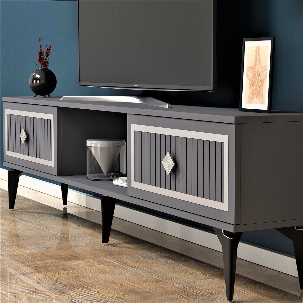 Comoda TV, Olivia, Nil, 150x44.6x29.6 cm, PAL, Antracit / Argintiu - 1 | YEO