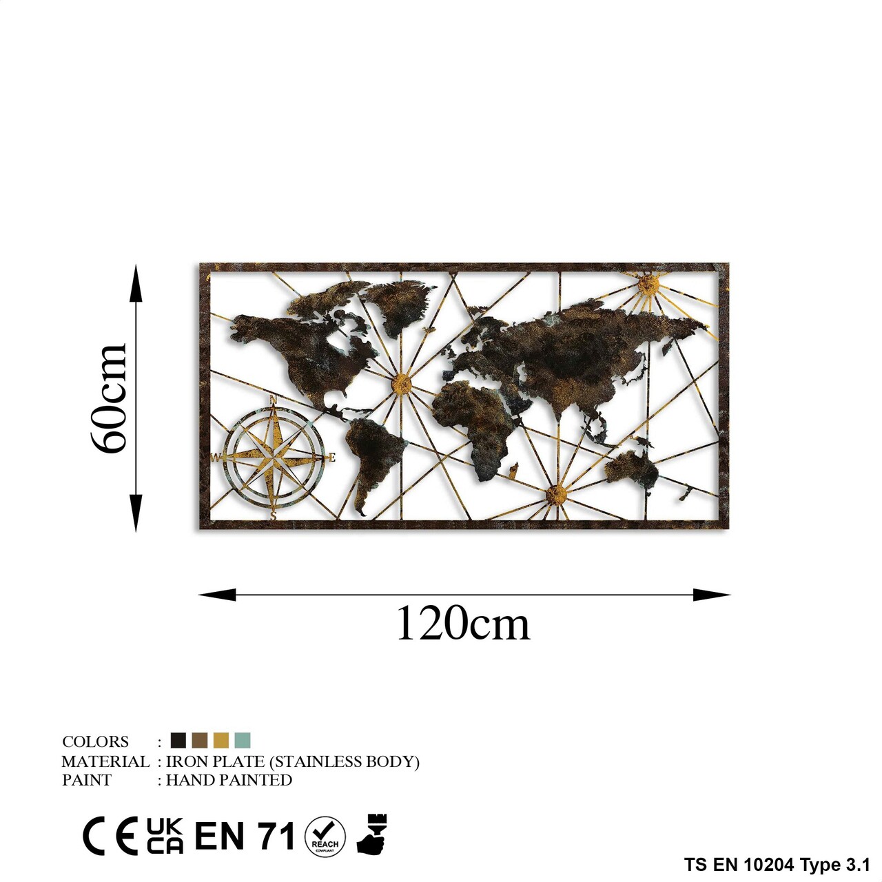 Decoratiune de perete, World Map Large, Metal, Latime: 120 cm / Inaltime: 60 cm, Multicolor