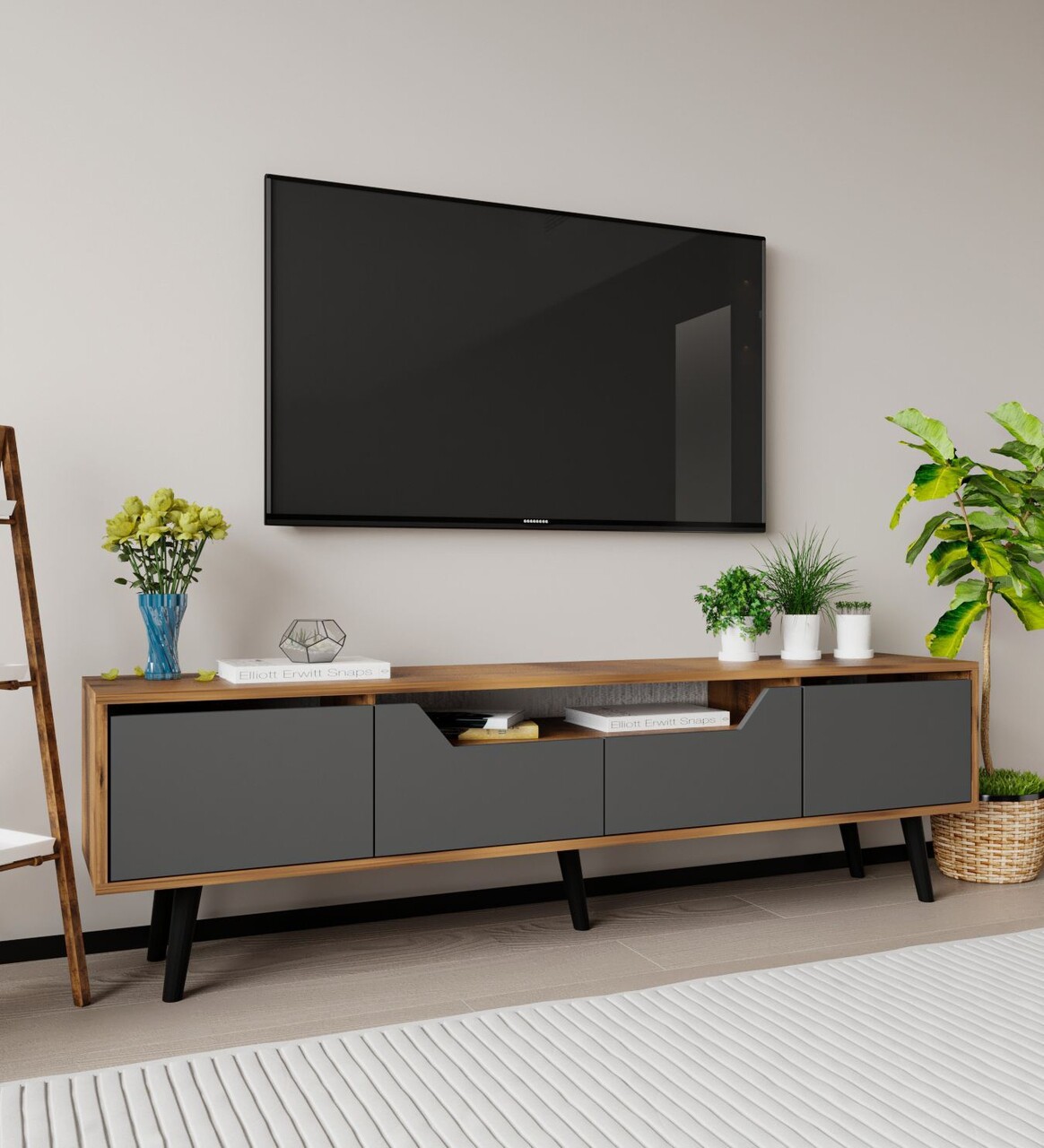 Comoda TV, Hanah Home, Roma 180, 180x48x29.8 cm, PAL, Nuc / Antracit - imagine 2