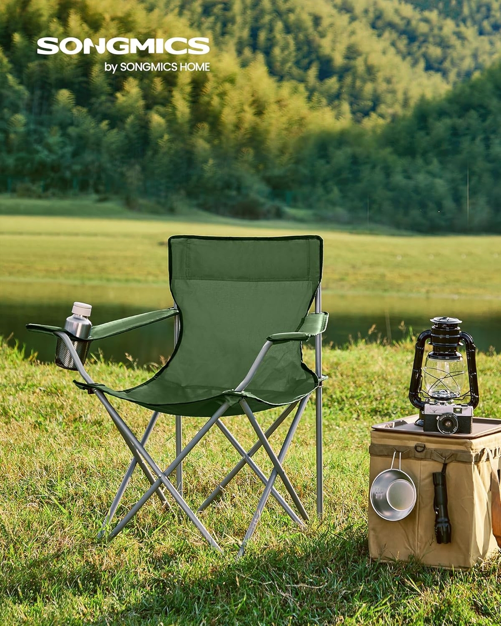 Set 2 scaune pliabile pentru camping, Songmics, 84x52x81 cm, max 120 kg, tesatura Oxford 600D/otel, verde