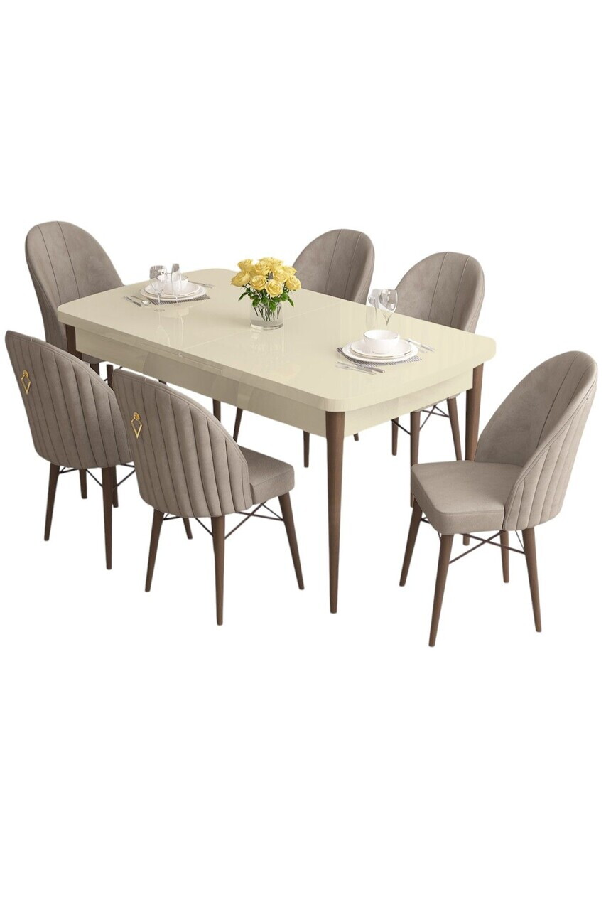 Set masa extensibila si scaune (7 piese), Hanah Home, Roz, Smântână / Nucă / Cappuccino — imaginea 2