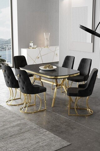 Set masa si scaune (7 piese), Hanah Home, Epal, Sonata / Auriu / Negru