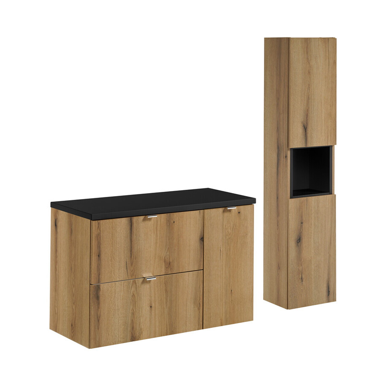 Set mobilier baie Nova Oak 90 cm, dulap inalt si masca lavoar, Comad, MDF/PAL, stejar/negru