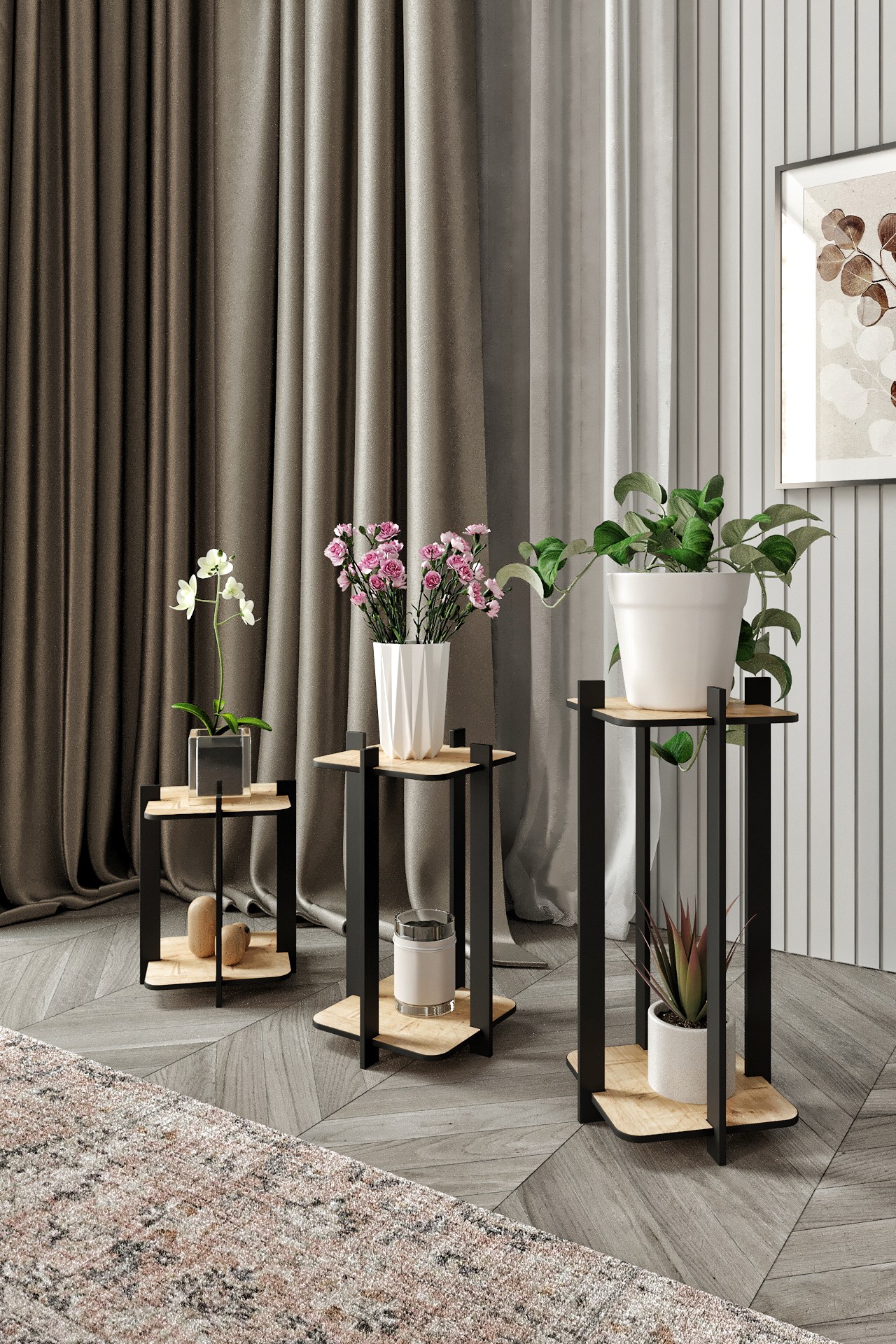 Suport din lemn pentru plante, Hanah Home, Flower Desk Square, MDF , Stejar
