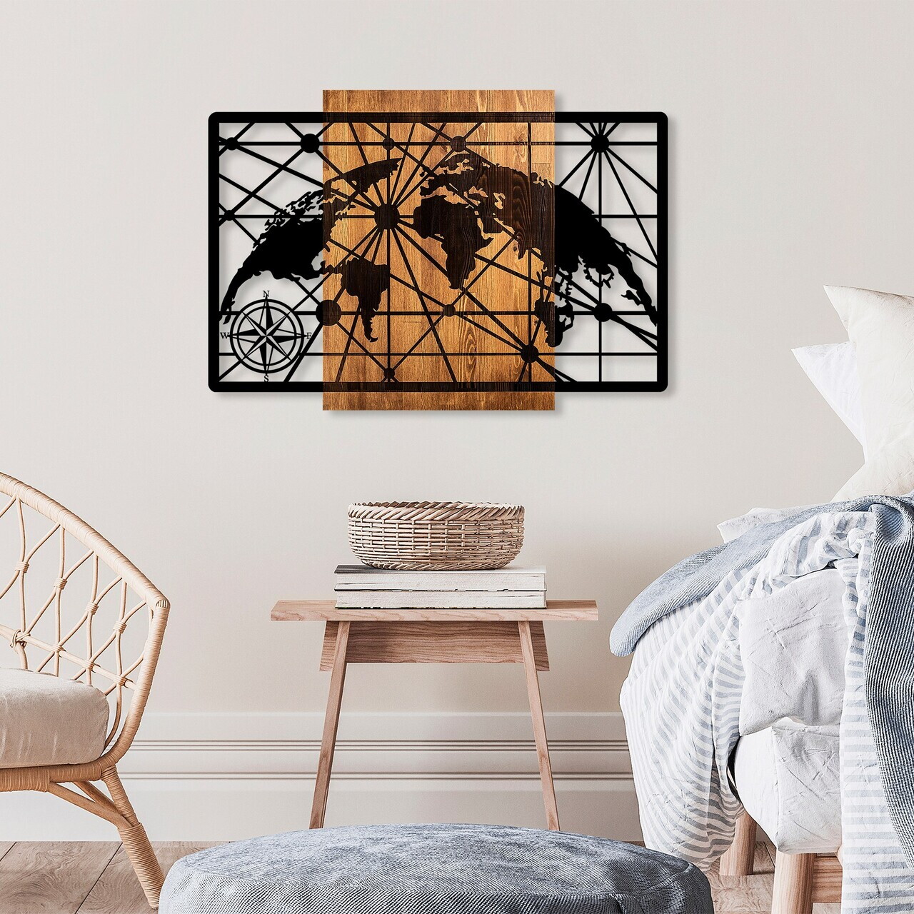 Decoratiune de perete, World Map 5-L, Dimensiuni: 70 x 99 cm, Nuc / Negru — imaginea 3