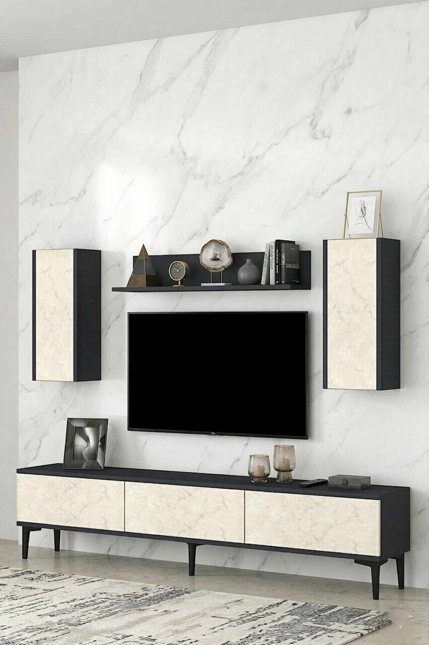 Comoda TV, Hanah Home, Didema 180, 180x40.5x30 cm, Antracit / Travertin