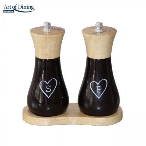 Set rasnite pentru sare/piper + suport Heart, Heinner, 15 cm, lemn/ceramica, negru/alb/natur Heinner