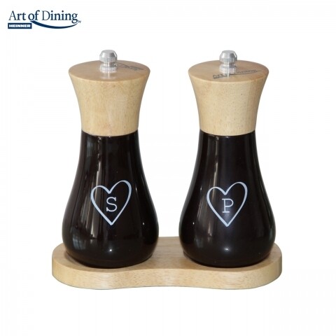 Set rasnite pentru sare/piper + suport Heart, Art of Dining by Heinner, 15 cm,  lemn/ceramica, negru/alb/natur