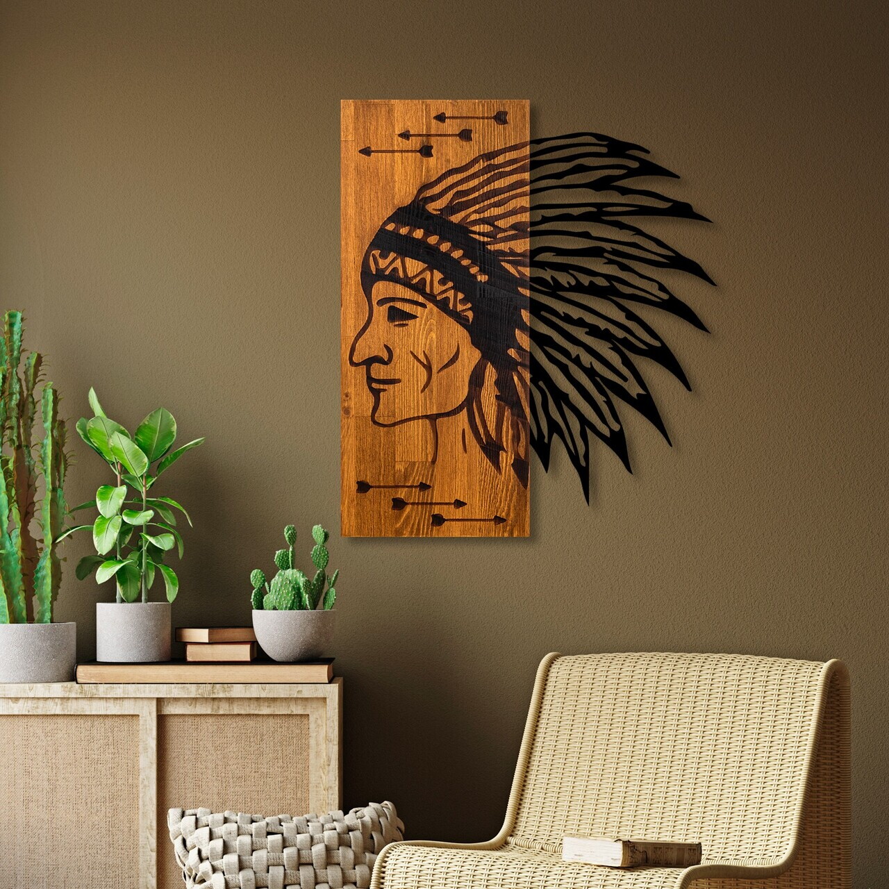 Decoratiune de perete, Apachi, Lățime: 50 cm Înălțime: 58 cm Adâncime: 3 cm, Nuc / Negru — imaginea 2