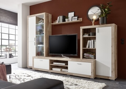 Mobilier pentru living, Luna, 1 x polita, 1 x comoda, 2 x dulapuri, PAL, bej/alb