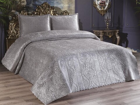 Set cuvertura de pat dubla 3 piese, Velica - Grey, Dowry World, Catifea