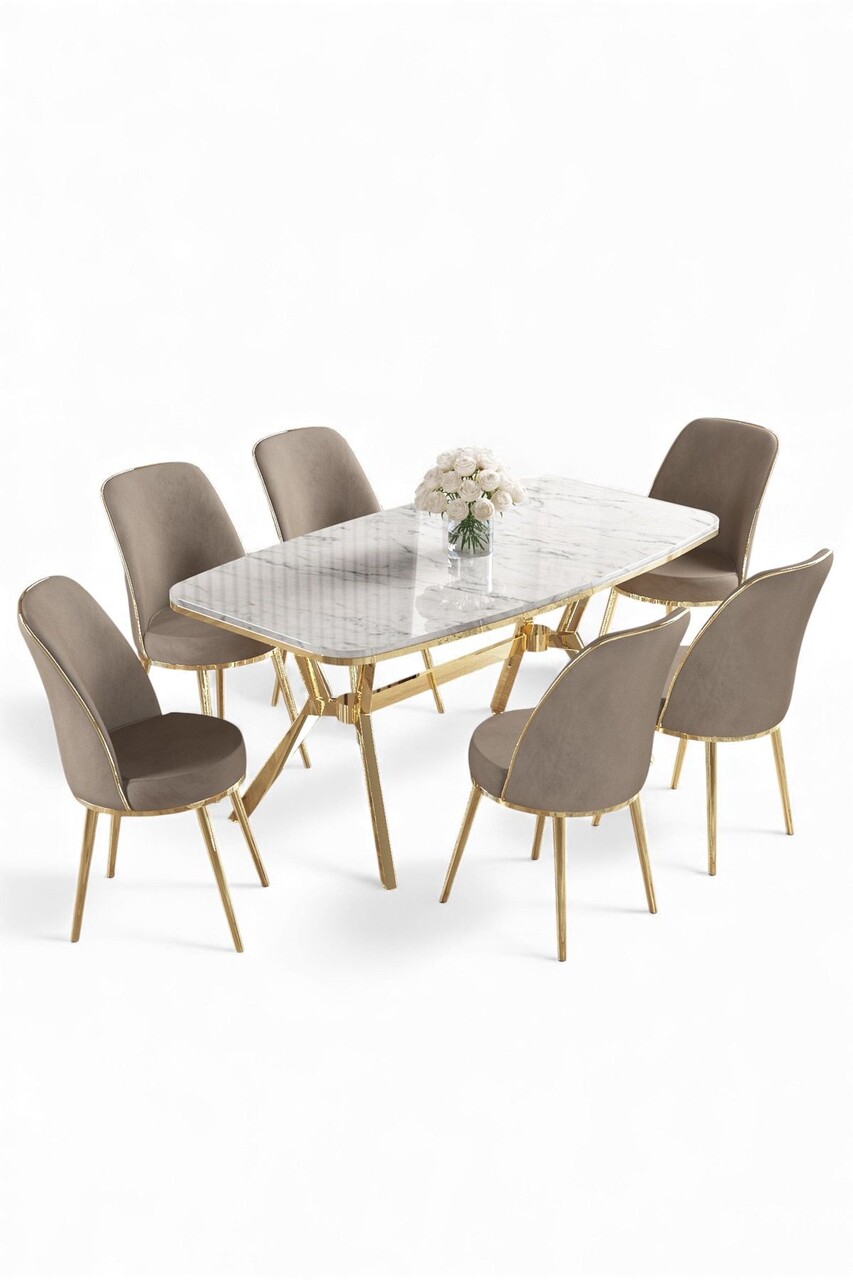 Set masa si scaune (7 Pieces), Hanah Home, Cu tine, Marmură albă / Auriu / Cappuccino - view 2
