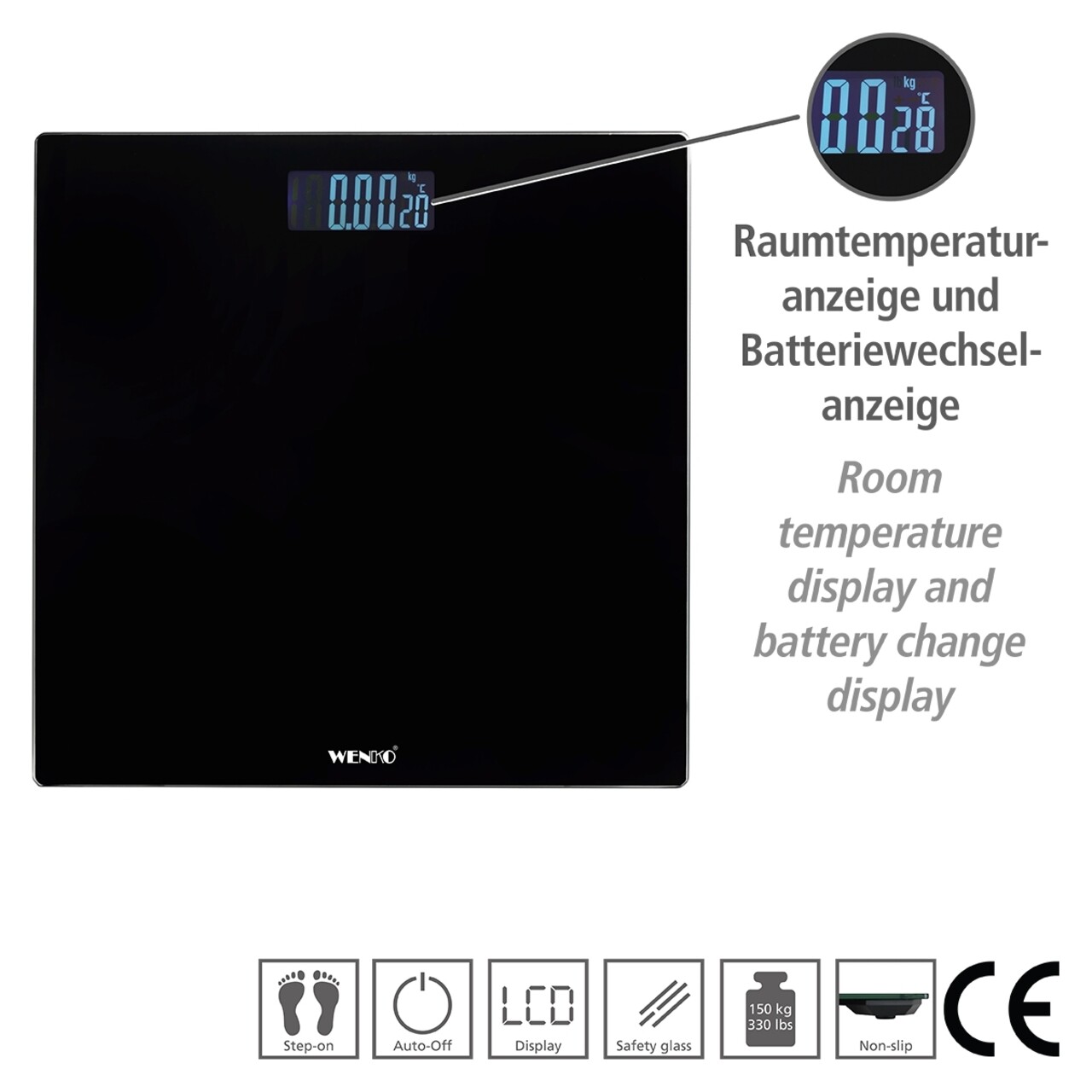 Cantar de baie LCD, Wenko, 28x28x2.2 cm, sticla/ABS, negru - view 7
