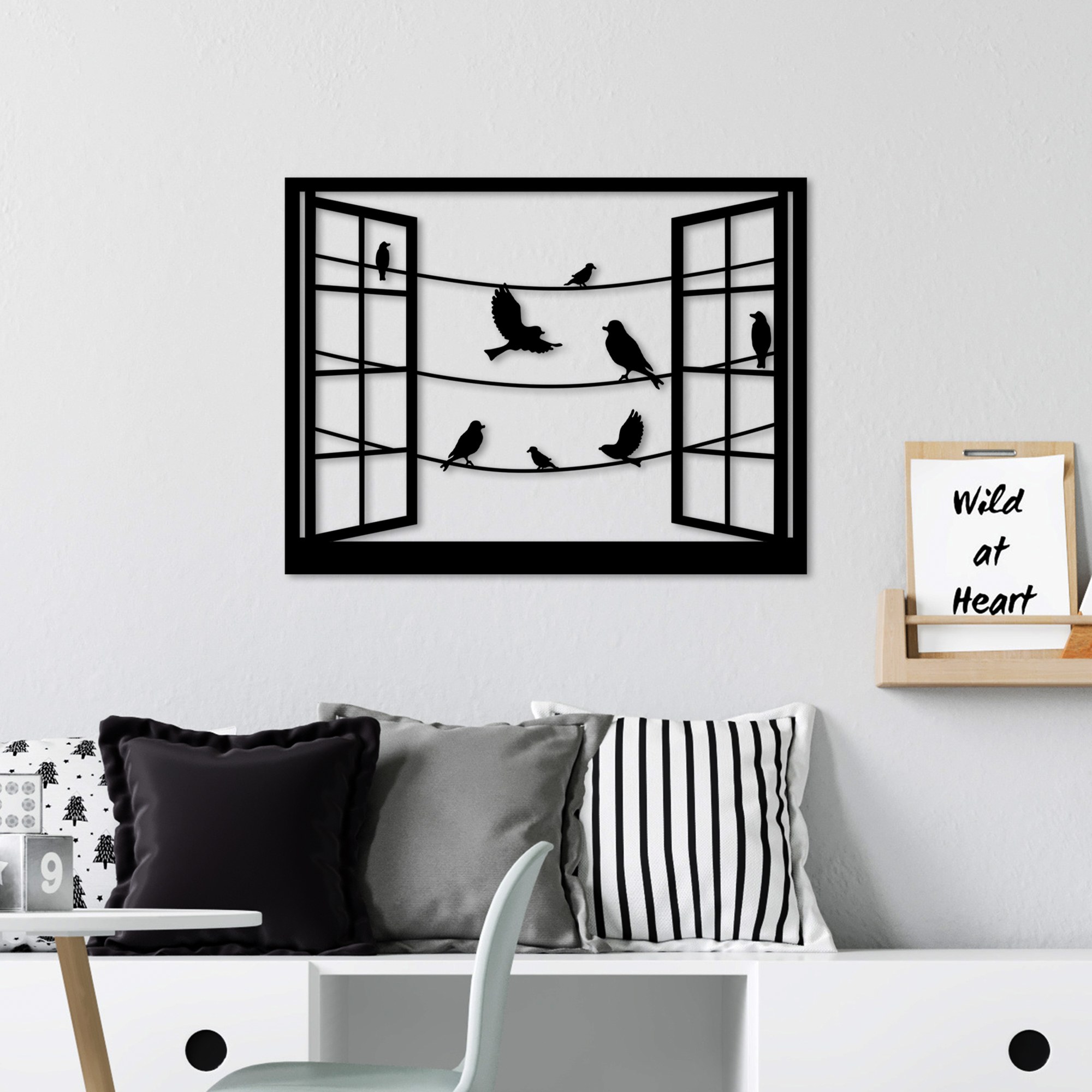 Decoratiune de perete, Birds in Front Of The Window, Dimensiune: 50 x 38 cm, Negru
