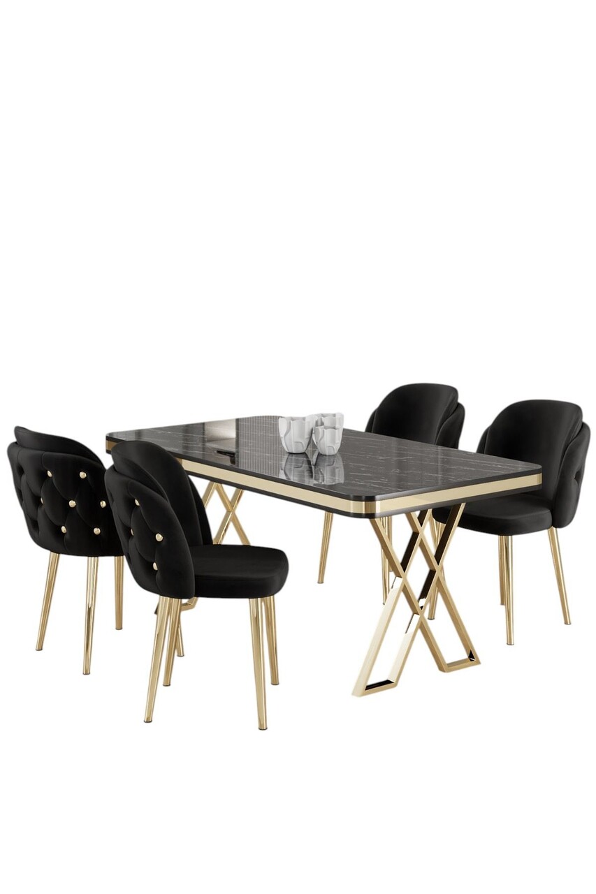 Set masă și scaune (5 bucăți), Hanah Home, Rigel, Marmură neagră / Auriu / Negru - view 2