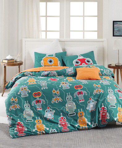 Lenjerie de pat dubla, robotte - green, enlora home, bumbac ranforce