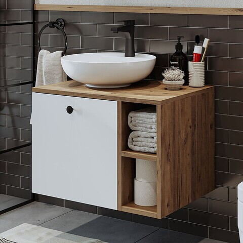 Dulap de baie cu chiuvetă, Hanah Home, 2455, MDF, Pin Atlantic / Alb