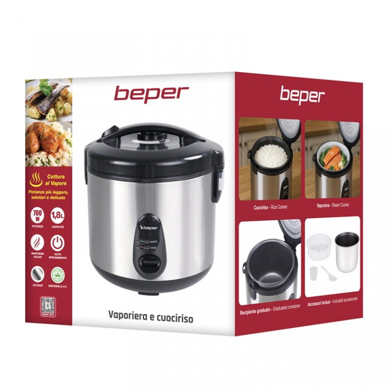 Aparat de gatit orez Beper, Vapore Pro, 28x28 cm, 700W, 1.8L, inox/aluminiu/plastic, argintiu/negru - view 6