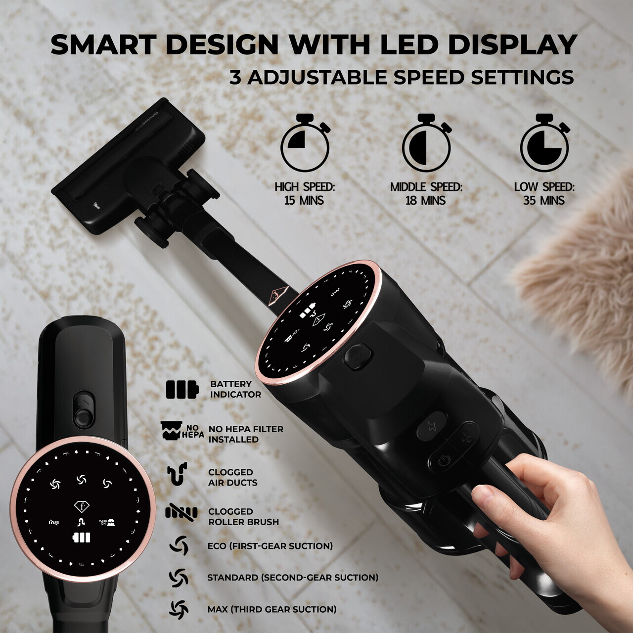 Aspirator vertical Fashion TV, Matte Black-Rose Gold, 250 W, 3 viteze, negru - imagine 14