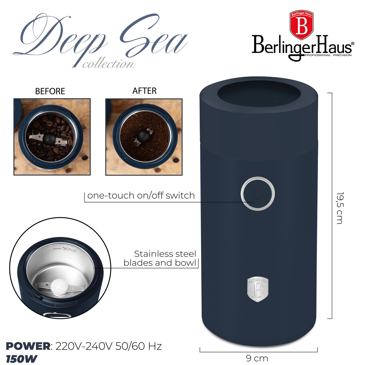 Rasnita electrica de cafea Berlinger Haus, Deep Sea, 150W, inox, albastru mat - imagine 11