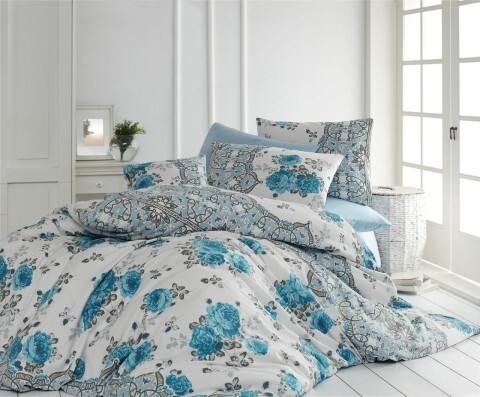 Lenjerie de pat pentru o persoana, 3 piese, 100% bumbac ranforce, Nazenin Home, Arnia Blue, alb/albastru