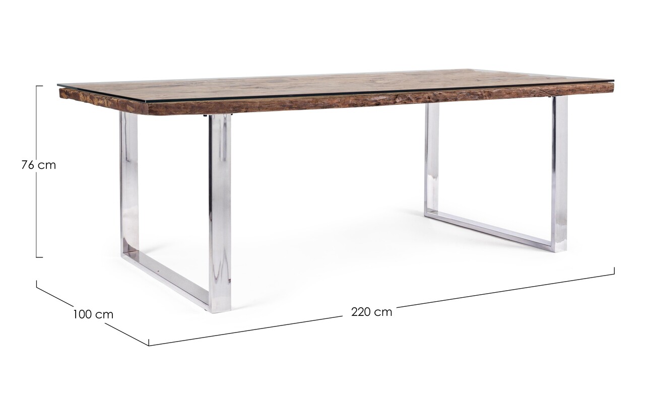 Masa Stanton, Bizzotto, 220x100x76 cm, 8 locuri, lemn reciclat/sticla temperata/inox - 2 | YEO