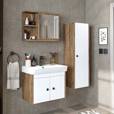 Set Dulap de Baie cu Chiuvetă și Oglindă (3 Piese), Hanah Home, 2870, PAL MELAMINAT, Pin Atlantic / Alb