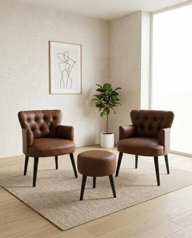 Set fotoliu cu aripioare și puf (3 piese), Atelier del Sofa, 281ELR1185, Maro
