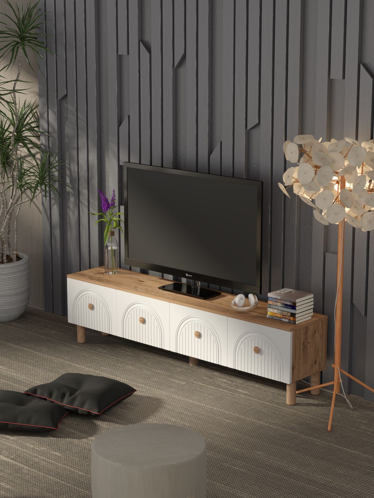 Comoda TV, Hanah Home, Bellora, 180x47x35 cm, PAL, Pin Atlantic / Alb