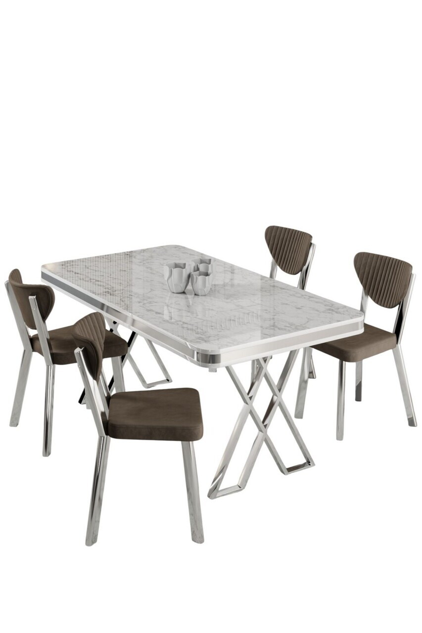 Set masa si scaune (5 piese), Hanah Home, Raja, Model de marmură albă / Crom / Maro — imaginea 2