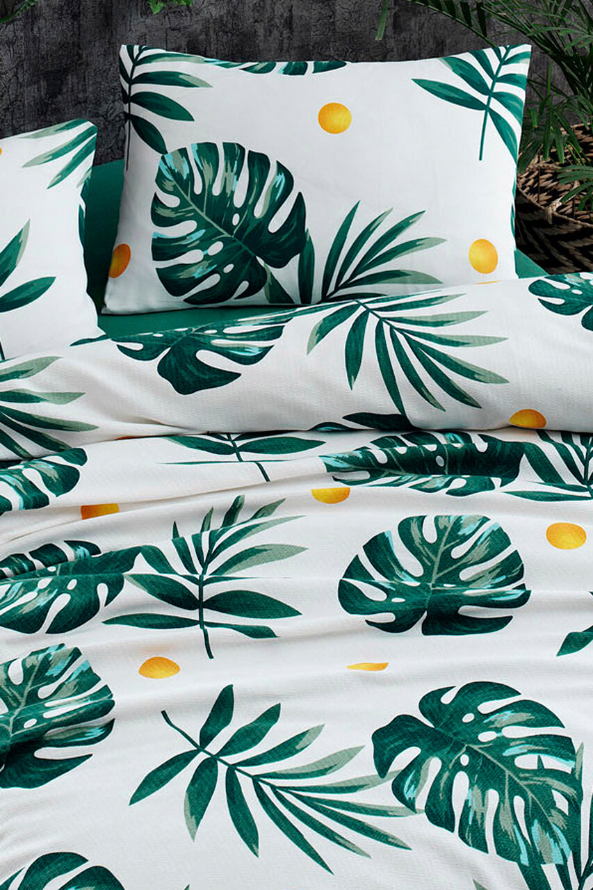 Set cuvertura pique dubla, Monstera - Green, Eponj Home, Bumbac