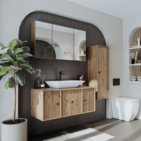 Set Dulap de Baie cu Chiuvetă și Oglindă (3 Piese), Hanah Home, 2557, MDF, Maro