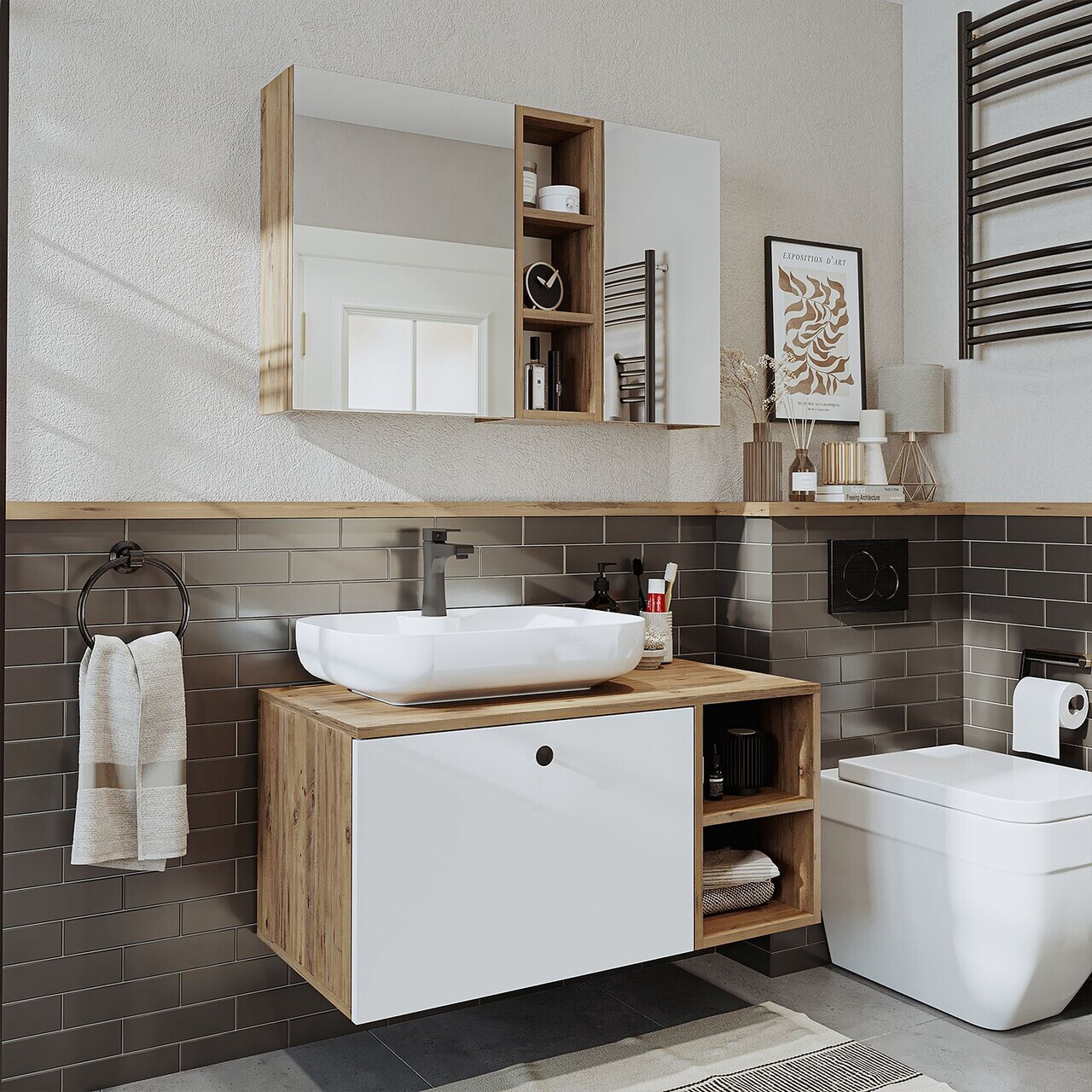 Set Dulap de Baie cu Chiuvetă și Oglindă (2 Piese), Hanah Home, 2520, MDF, Pin Atlantic / Alb — imaginea 2