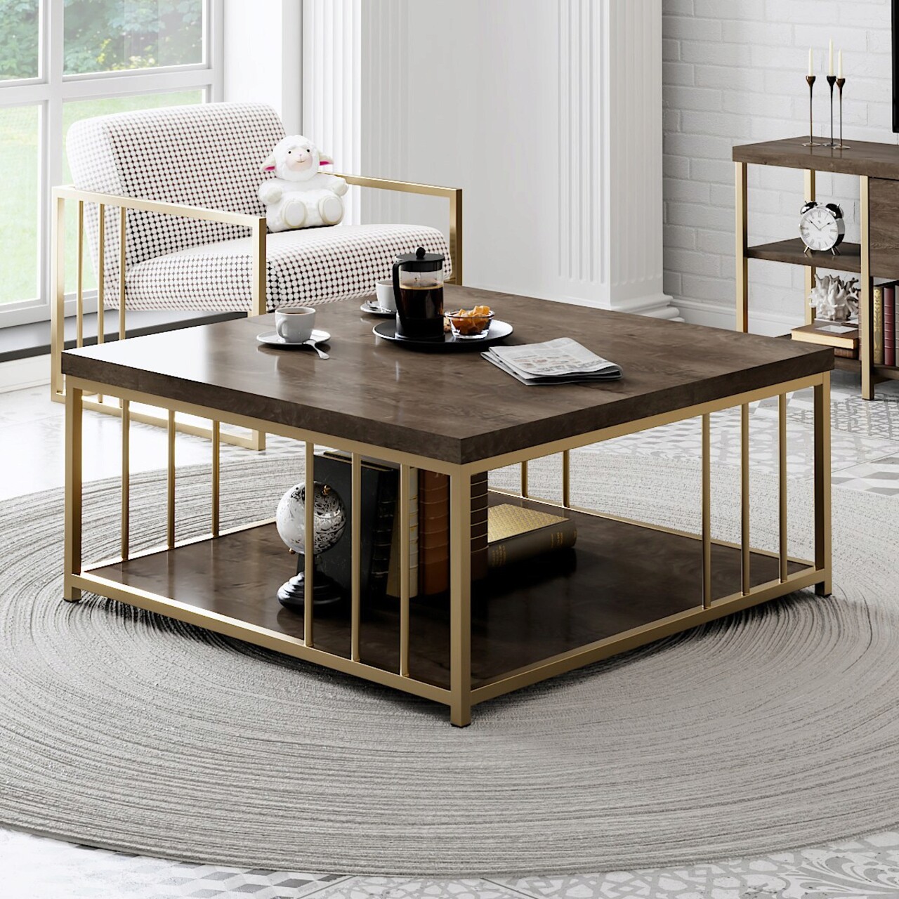 Masuta de cafea, Bexley, Zenn, 90x90x40 cm, Nuc / Aur - 2 | YEO