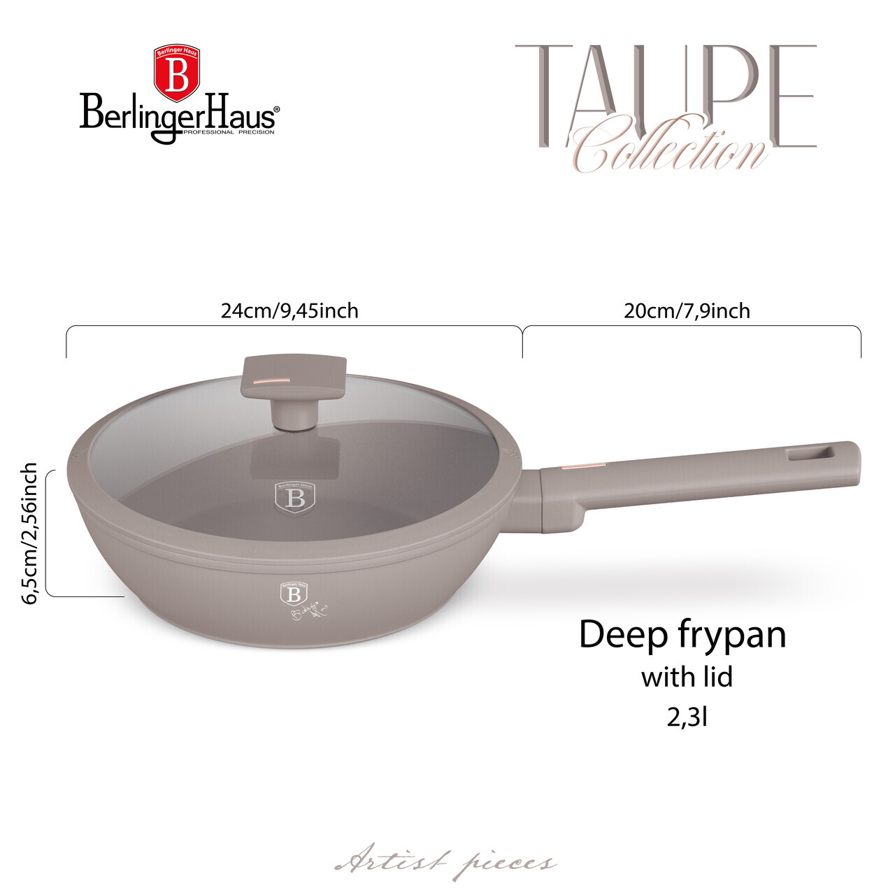 Tigaie adanca cu capac Berlinger Haus, Taupe, 24 cm, 2.3 L, aluminiu forjat, taupe mat - imagine 10
