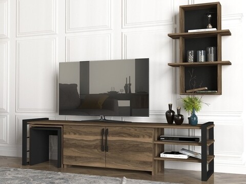 Comoda TV cu raft de perete si 2 masute Epica, Talon, 180 x 45.9 cm/82.2 x 34.8 cm/ 40.9 cm/ 38.1 cm, walnut/negru 180