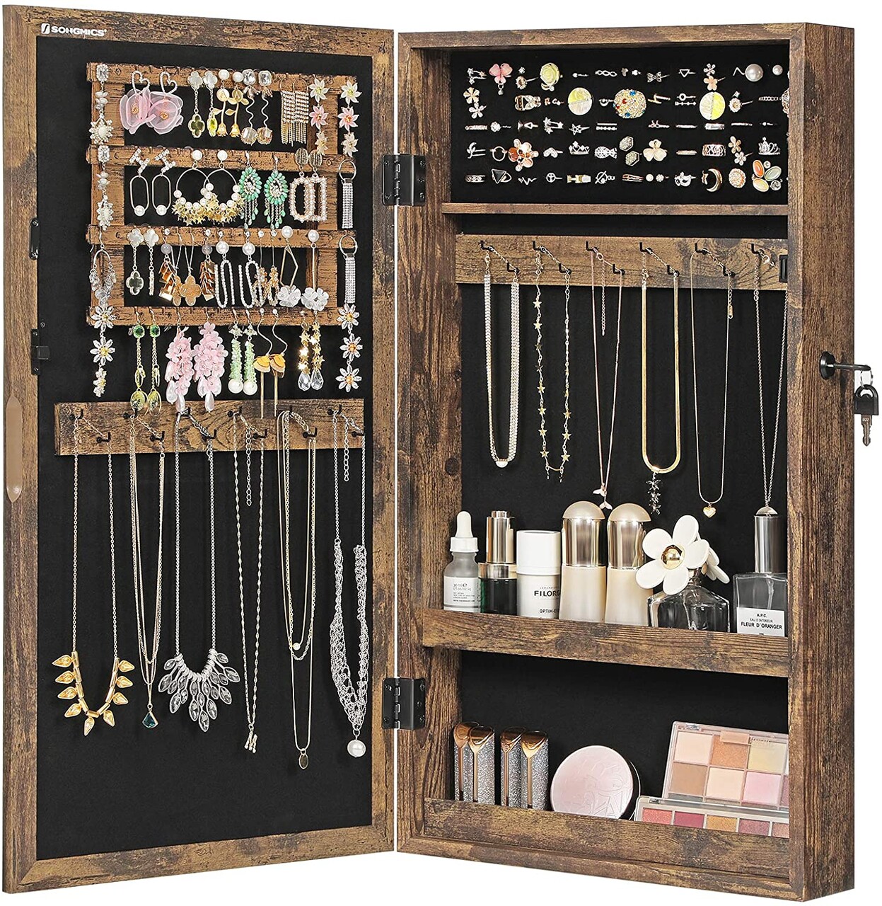 Dulapior de bijuterii cu oglinda, Songmics, cu fixare pe perete, 37x10x67 cm, MDF/catifea, maro - imagine 3