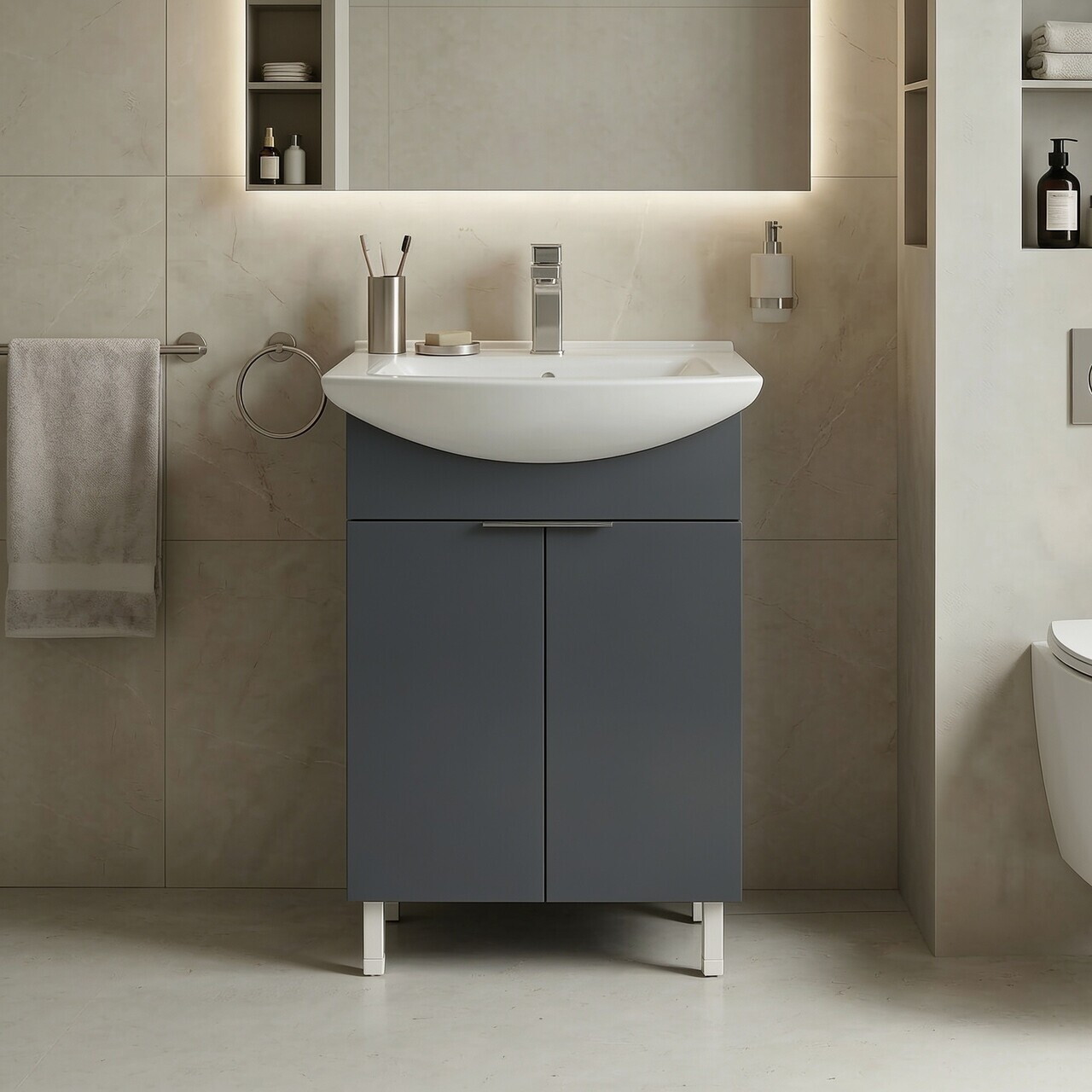 Dulap de baie cu chiuvetă, Hanah Home, Purus 55, Antracit mat